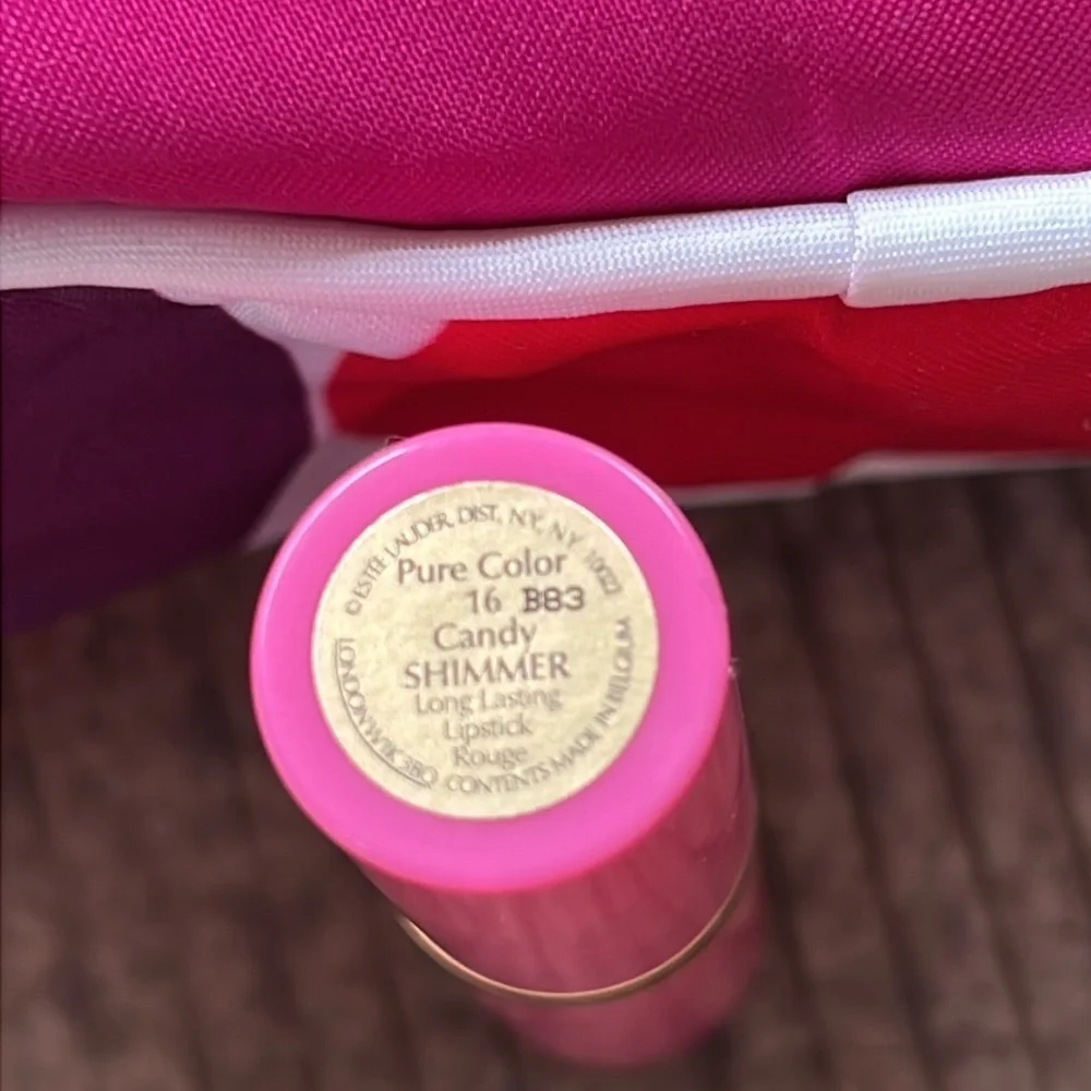 Estée Lauder candy shimmer long lasting lipstick.